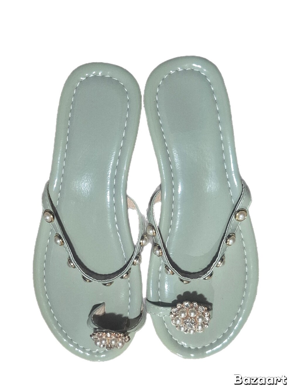 Source Unknown Mint Pearl-Embellished Toe-Loop Sandals
